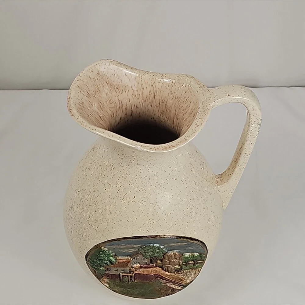 Vintage Speckled Ceramic Pitcher Farm Scene Relief Cream Rustic Country Decor